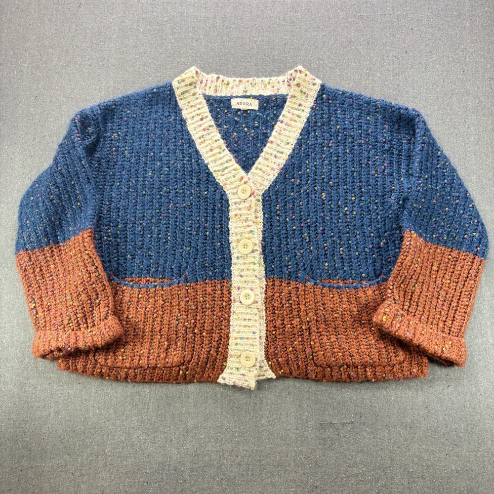 Adora Womens OSFA Colorblock Confetti Knit Cardigan Blue Terracotta